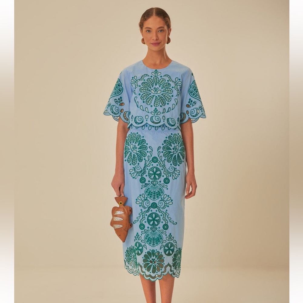 Farm Rio Light Blue And Green Graphic Richelieu Midi Skirt and Matching Crop Top